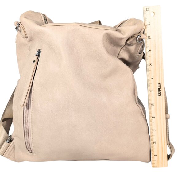 Miztique Beige Faux Leather Lined Zip Convertible Backpack Lots of Pockets - Picture 3 of 12